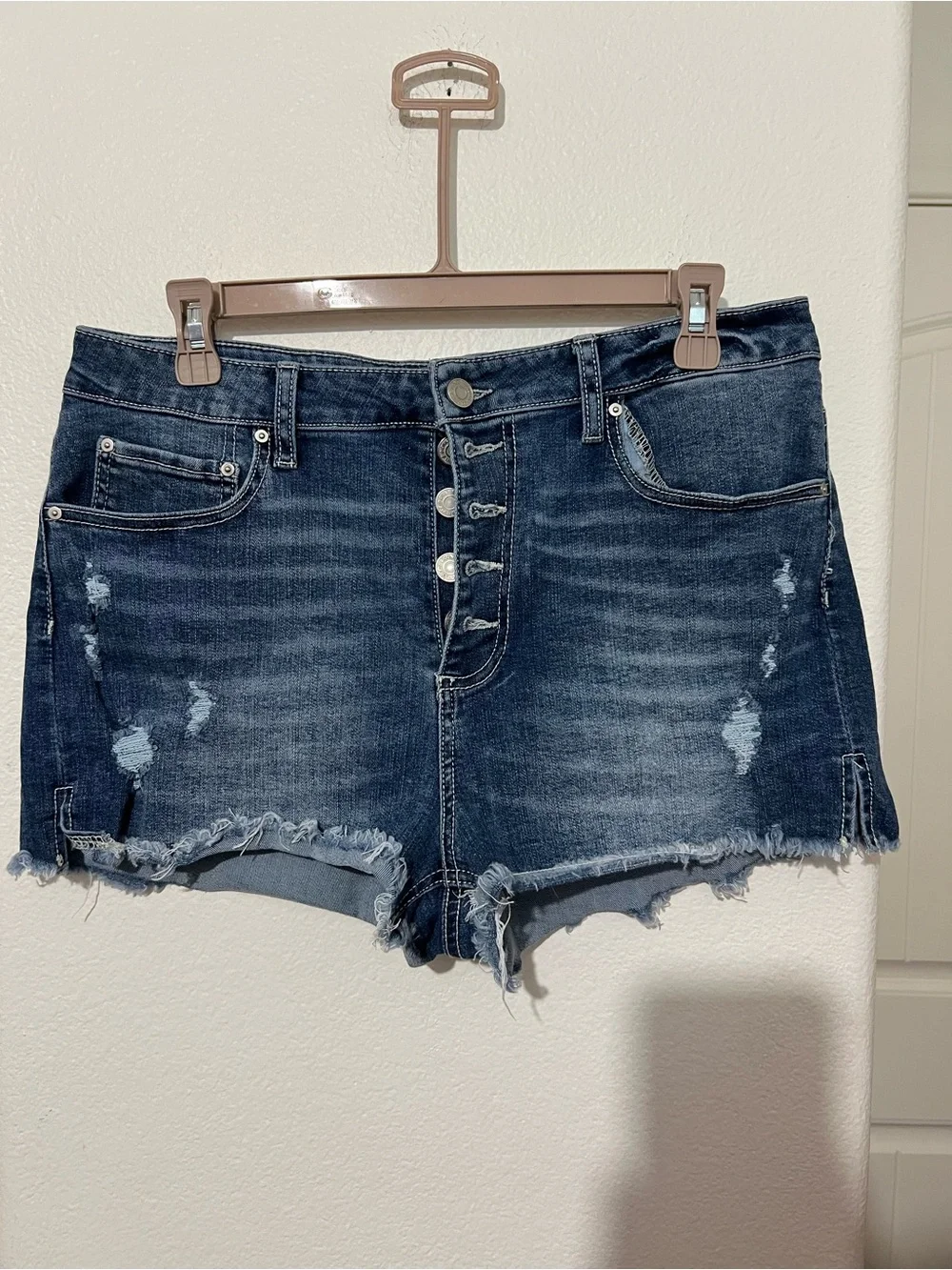 Indigo Rein Distressed Dark Blue Denim Button-Fly Shorts